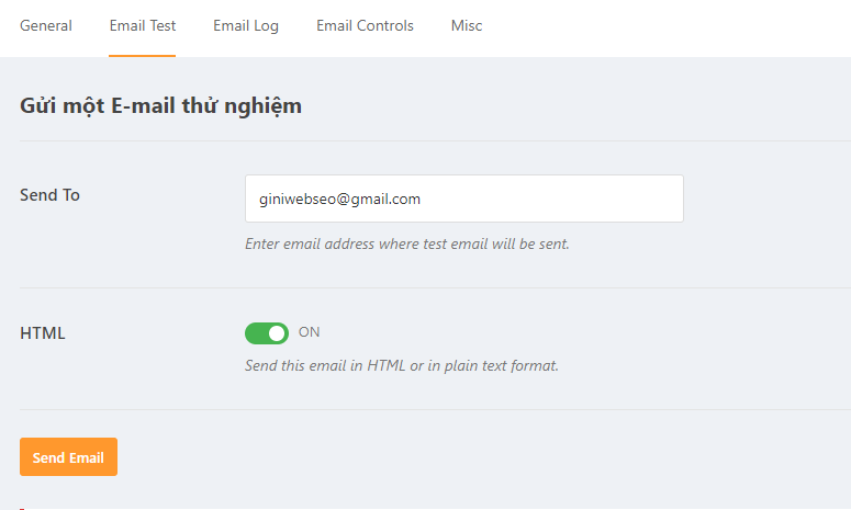 Điền Email để kiểm tra SMTP