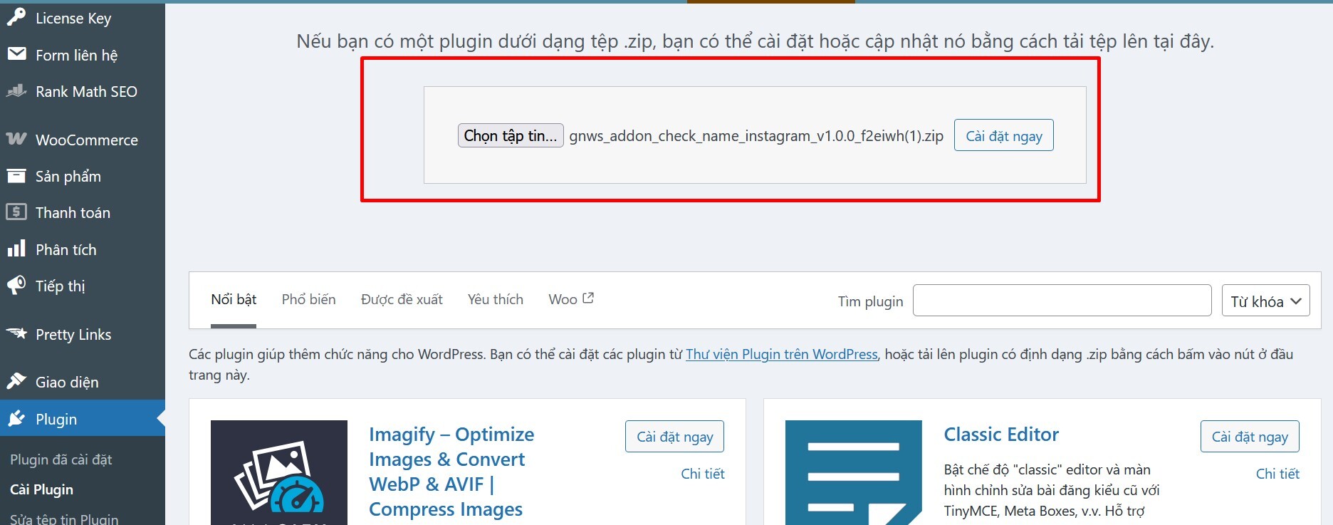 Cài đặt plugin trong WordPress Admin