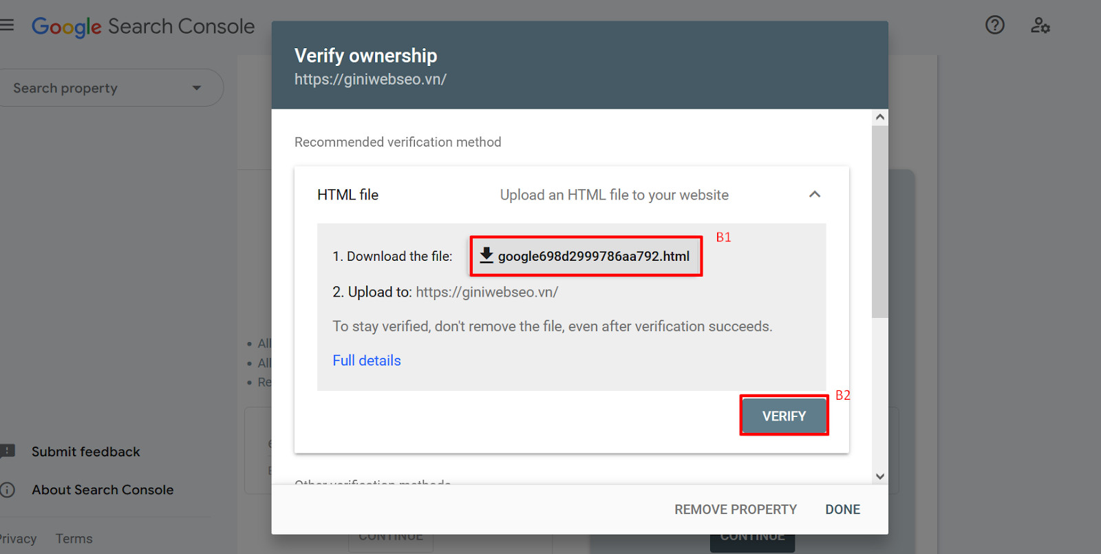 Cách xác minh Google Search Console bằng tải tệp HTML lên website