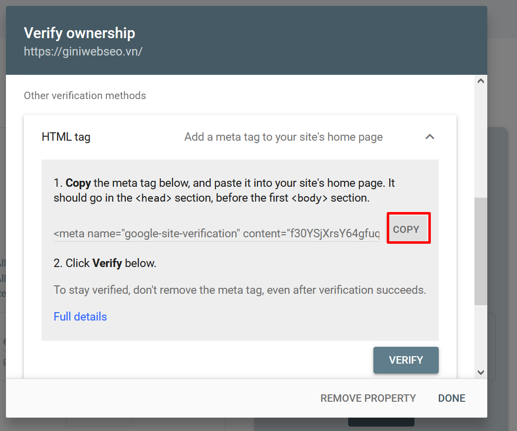 Xác minh Google Search Console thông qua thẻ HTML